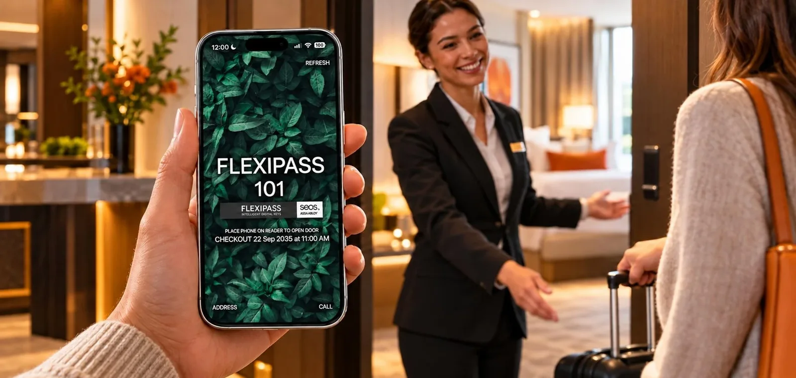 A guest holds a phone showing a FLEXIPASS digital room key while a hotel host welcomes an arriving guest