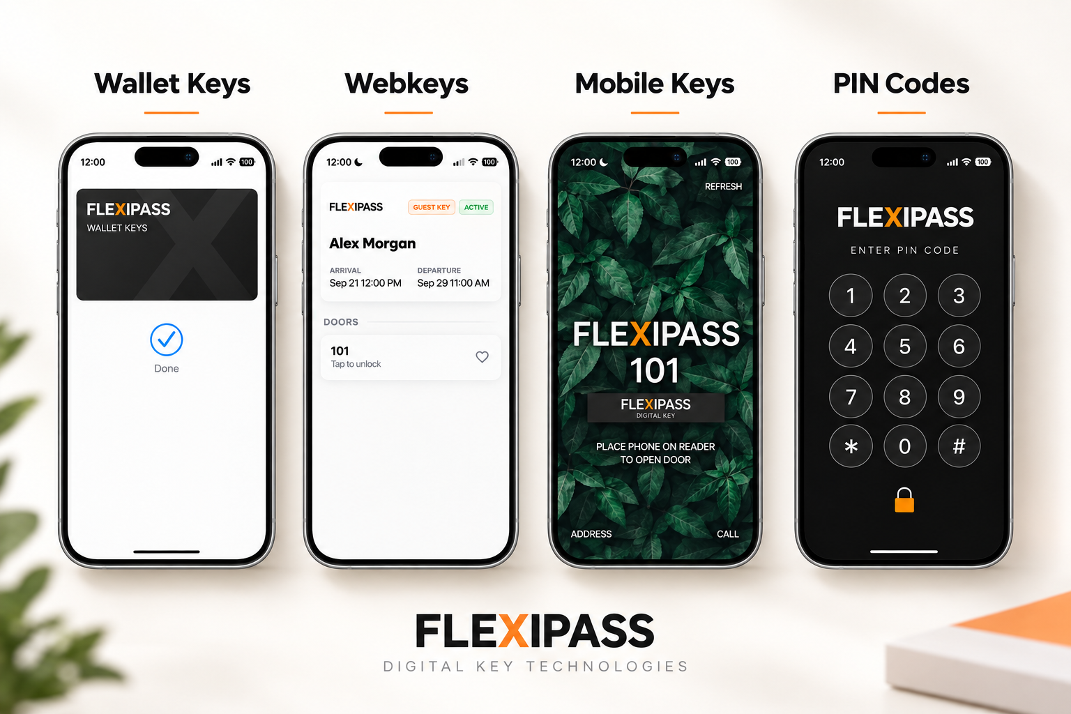 Illustrative current FLEXIPASS Wallet Keys, Webkeys, Mobile Keys and PIN Codes screens