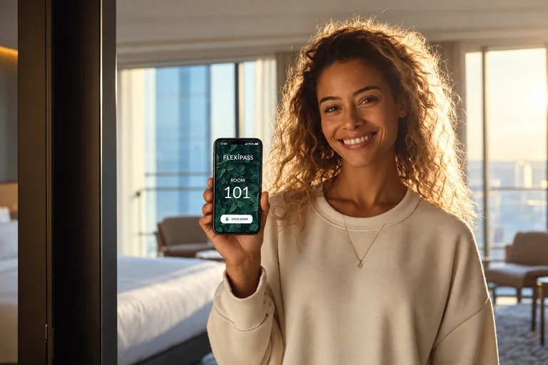 Illustrative guest holding a FLEXIPASS Mobile Key at a hotel room