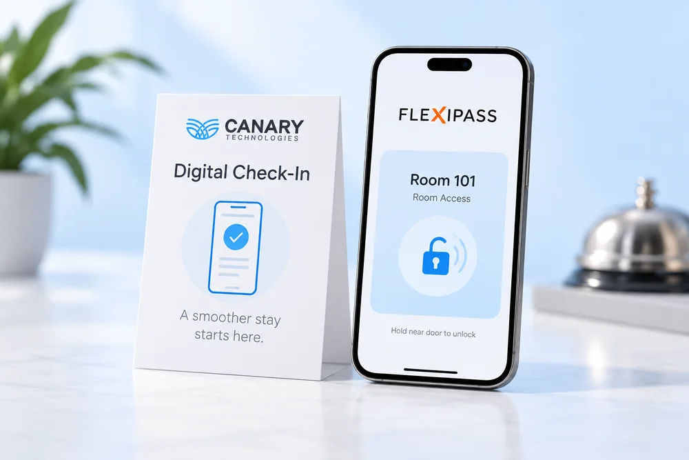 Ejemplo de flujo de acceso del huésped con Canary Technologies y FLEXIPASS