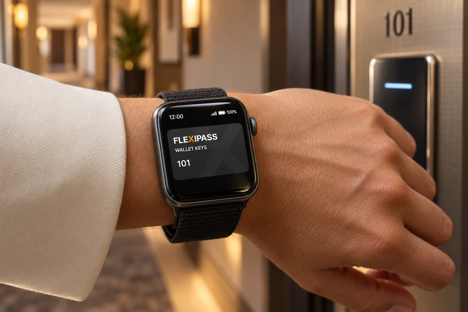 Illustrative FLEXIPASS Wallet Key on a watch beside a hotel door reader